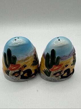 Hand-Painted Southwestern Salt & Pepper Shakers - Desert Cactus Scene